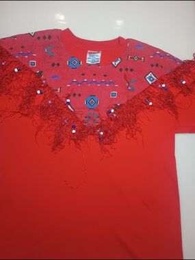 Vintage USA Fringe Southwestern Aztec Single Stitch T Shirt Size M Hanes Heavywe
